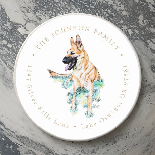 Waterverf Duitse Herder Malinois Retouradres Ronde Sticker