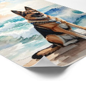 Waterverf Duitse herder op het strand 6 Poster (Hoek)