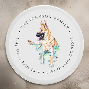 Waterverf Duitse Herdershond Malinois Retouradres Ronde Sticker