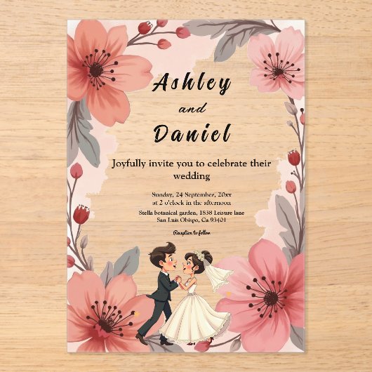 Waterverf Dusty Bloemenbruid en bruidegom bruiloft Acryl Uitnodigingen (Voorkant)