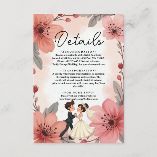 Waterverf Dusty Bloemenbruid en bruidegom bruiloft Informatiekaartje (Voorkant)