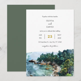 Waterverf Dusty Blue Coastal Woodsy Beach Wedding Kaart