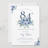 Waterverf Dusty Blue Floral 84e Chique Verjaardag Kaart (Voorkant)
