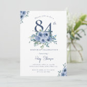 Waterverf Dusty Blue Floral 84e Chique Verjaardag Kaart (Staand voorkant)