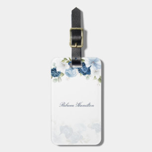 Waterverf Dusty Blue Floral Script Custom Bagagelabel