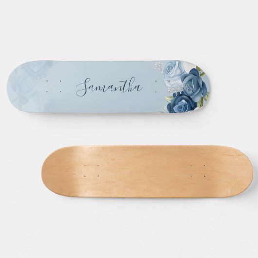 Waterverf Dusty Blue Floral Script Custom Skateboard (Horizontaal)