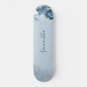 Waterverf Dusty Blue Floral Script Custom Skateboard