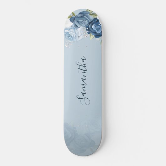 Waterverf Dusty Blue Floral Script Custom Skateboard (Voorkant)