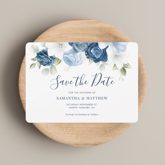 Waterverf Dusty Blue Floral Script Save The Date