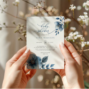 Waterverf Dusty Blue Floral Winter Baby shower Kaart
