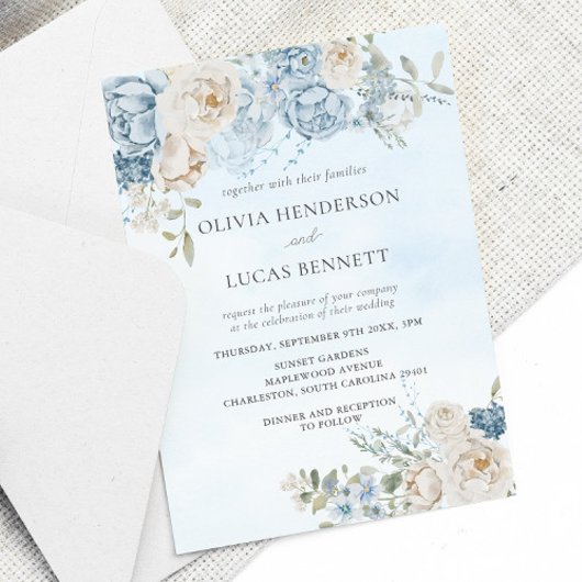 Waterverf Dusty Blue Flowers Rozen Wedding Kaart