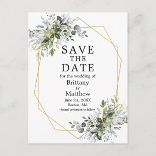 Waterverf Dusty Blue Greenery Bewaar de datum Briefkaart