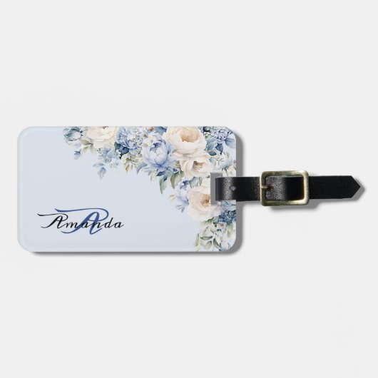 Waterverf Dusty Blue Ivory Flowers Bagagelabel (Voorkant horizontaal)