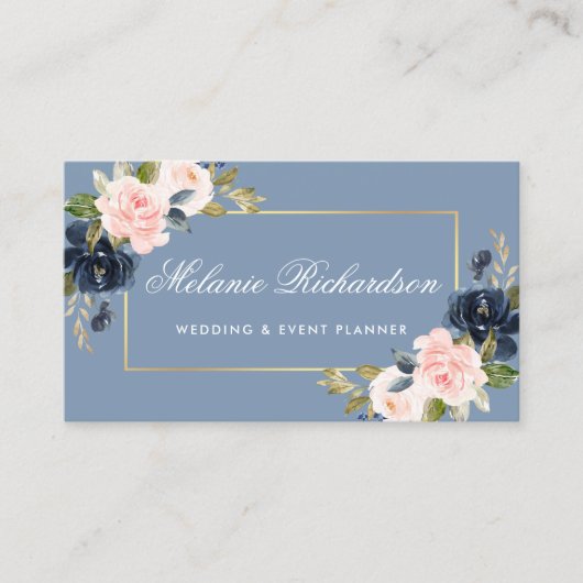 Waterverf Dusty Blue Pink Blush Bloemen Goud Visitekaartje (Voorkant)