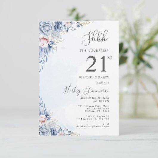 Waterverf Dusty Blue Surprise 21ste verjaardagsfee Kaart (Staand voorkant)