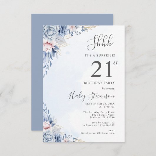 Waterverf Dusty Blue Surprise 21ste verjaardagsfee Kaart (Voorkant / Achterkant)