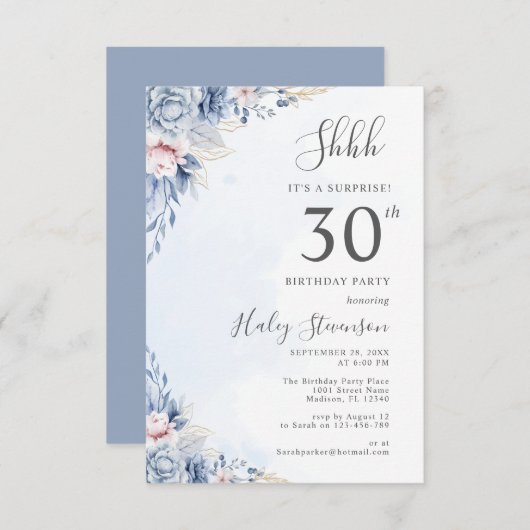 Waterverf Dusty Blue Surprise 30ste verjaardagsfee Kaart (Voorkant / Achterkant)
