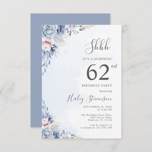 Waterverf Dusty Blue Surprise 62e verjaardagsfeest Kaart (Voorkant / Achterkant)