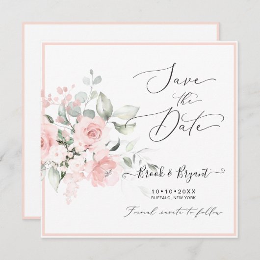 Waterverf Dusty Blush Pink Roses Save the Date Kaart (Voorkant / Achterkant)