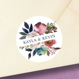 Waterverf Dusty Mauve Roos Blue Floral Wedding Ronde Sticker