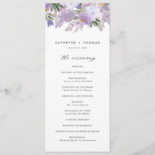 Waterverf Dusty Purple Flowers Wedding Ceremony Programma (Voorkant)