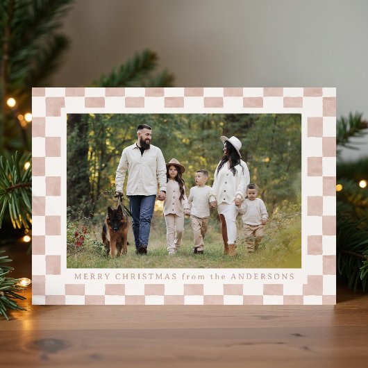 Waterverf Dusty Roos Gingham Kerstfoto Feestdagenkaart