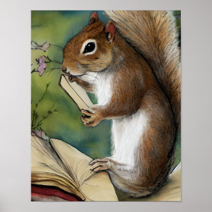 Waterverf Eekhoorn Leest een Boek Poster