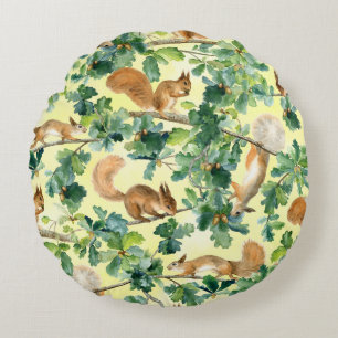 Waterverf eekhoorns, eiken naadloos patroon. rond kussen