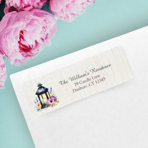 Waterverf Een rustieke lantaarn met pioenen Etiket