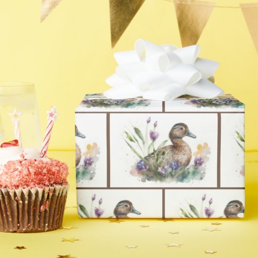 Waterverf eend in bloemen cadeaupapier (Verjaardagsfeest)