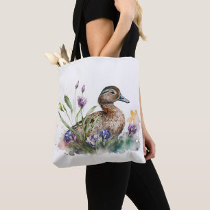 Waterverf eend in bloemen draagtas