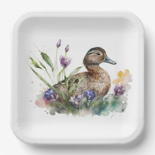 Waterverf eend in bloemen papieren bordje