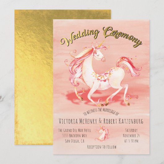 Waterverf Eenhoorn Gold Folie Huwelijksuitnodiging Kaart (Voorkant / Achterkant)