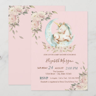 Waterverf Eenhoorn Maan Bloem Baby Shower Kaart