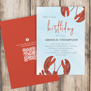 Waterverf Eenvoudige Birthday Red Lobster QR-code Kaart