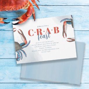 Waterverf Eenvoudige Blauwe Krab Feast Ocean Party Kaart