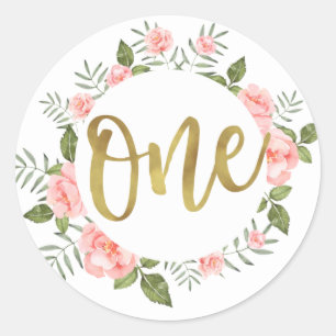 Waterverf Eerste Verjaardag Goud en Roze Bloemen Ronde Sticker