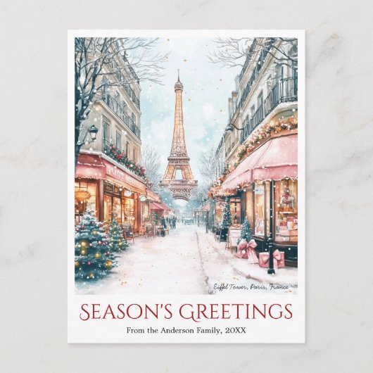 Waterverf Eiffeltoren Snow Paris Frankrijk Reizen Feestdagenkaart (Voorkant)
