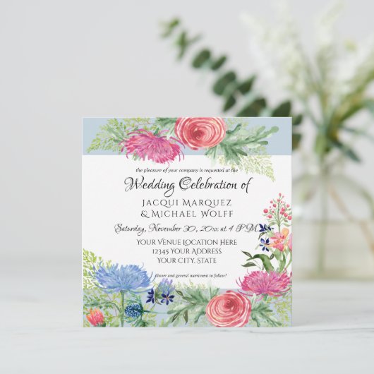 Waterverf Elegant Bloemblauw en Roze Varenblad Kaart (Staand voorkant)