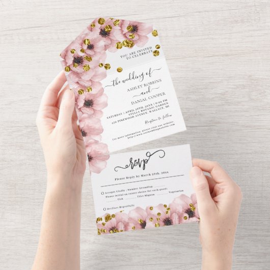 Waterverf Elegant Flowers Gold Wedding All In One Uitnodiging (Afscheurbaar)