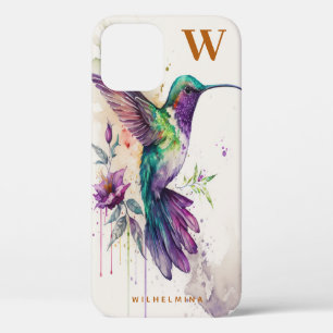 Waterverf Elegant Hummingbird Funny Monogram Naam iPhone 12 Hoesje