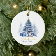 Waterverf Elegant Onze Eerste Kerstmis Blauwe Boom