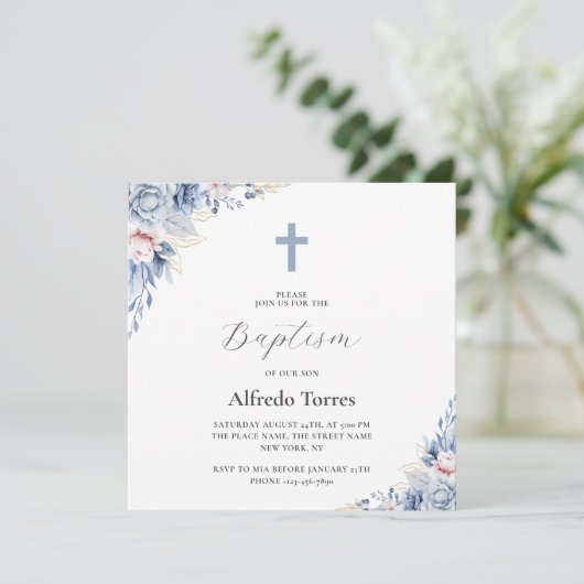 Waterverf Elegant Stoffig Blauw Bloemen Baby Doop Kaart (Staand voorkant)