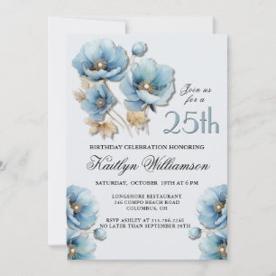 Waterverf Elegante Blauwe Gouden Bloem 25e Verjaar Kaart