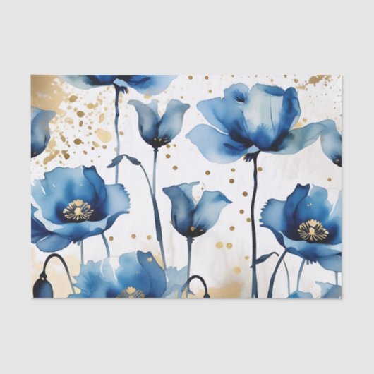 Waterverf Elegante Blauwe Poppies Tissuepapier (Voorkant)