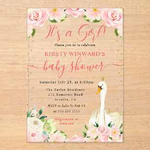 Waterverf Elegante Bloemenswan Baby Shower Acryl Uitnodigingen