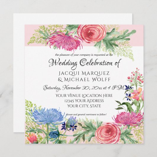 Waterverf Elegante Roze Bloem en Varensblad Kaart (Voorkant / Achterkant)