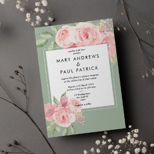 Waterverf elegante roze munt groene bloem bruiloft kaart