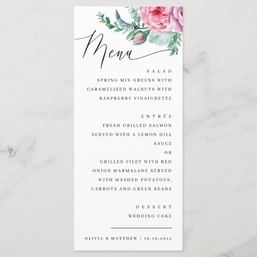 Waterverf elegante script bloemrijke boho bruiloft menu (Voorkant)