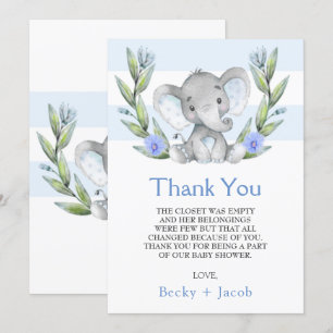 Waterverf Elephant Boy Baby shower Hartelijk dank Bedankkaart